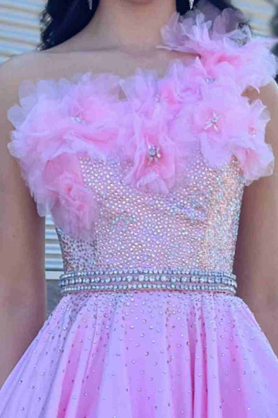Gorgeous A Line Strapless Pink Satin Long Prom Dresses with Handmade Flowers