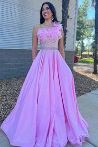 Gorgeous A Line Strapless Pink Satin Long Prom Dresses with Handmade Flowers