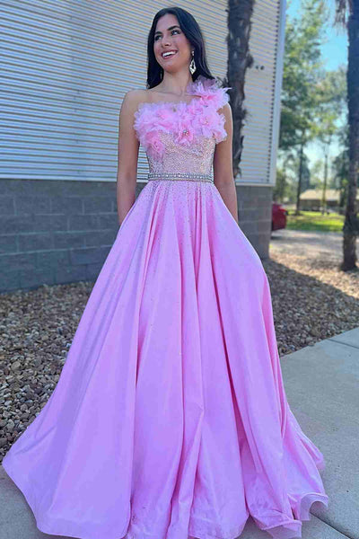 Gorgeous A Line Strapless Pink Satin Long Prom Dresses with Handmade Flowers