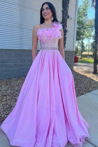 Gorgeous A Line Strapless Pink Satin Long Prom Dresses with Handmade Flowers