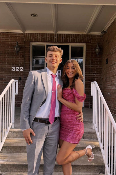 Off the Shoulder Pink Ruched Sequin Short Dress