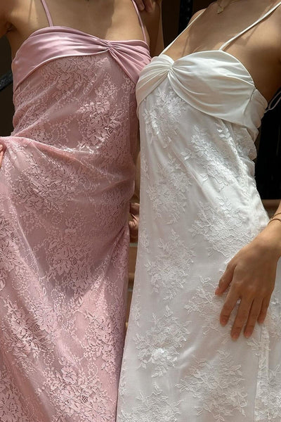 Romantic Blush Pink Lace Spaghetti Straps Prom Dress with Ruched Bodice