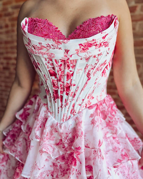 Women's Sweetheart Corset Chiffon Floral Print A Line Long Prom Dresses with Slit