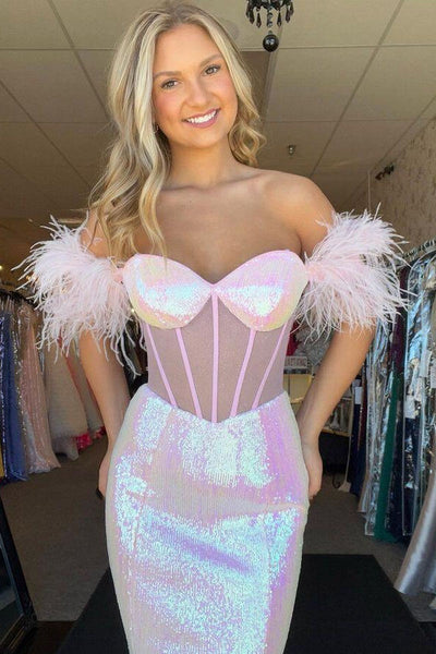 Sparkly Mermaid Sweetheart Pink Sequins Feathered Prom Dresses
