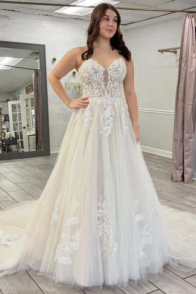 A Line Boho Wedding Dresses Strapless Tulle Lace Beach Bridal Wedding Gowns