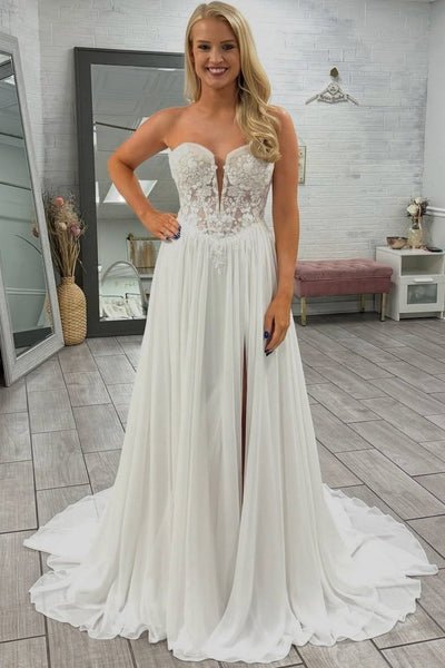 Strapless A Line Beach Wedding Dresses Tulle Lace Flower Bride Wedding Gown