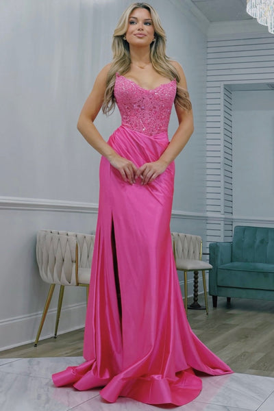 Sweetheart Lace Corset Mermaid Strapless Long Prom Dresses with Slit