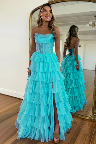 Gorgeous A Line Strapless Daffodial Tiered Chiffon Prom Evening Dresses with Hot Stone VK25052302