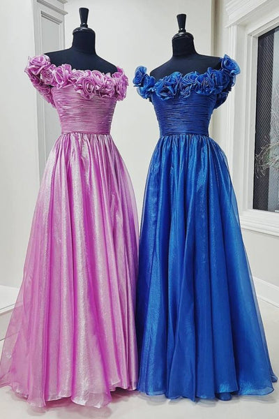 Gorgeous A Line Royal Blue Off Shoulder Satin Prom Dress with Pockets