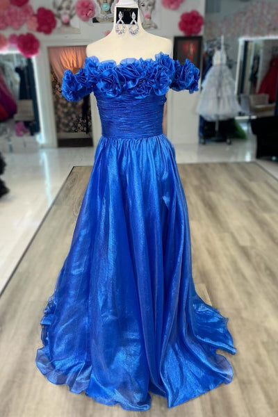 Gorgeous A Line Royal Blue Off Shoulder Satin Prom Dress with Pockets