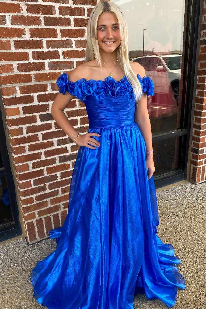 Gorgeous A Line Royal Blue Off Shoulder Satin Prom Dress with Pockets