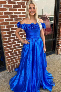 Gorgeous A Line Royal Blue Off Shoulder Satin Prom Dress with Pockets