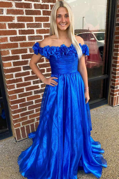 Gorgeous A Line Royal Blue Off Shoulder Satin Prom Dress with Pockets