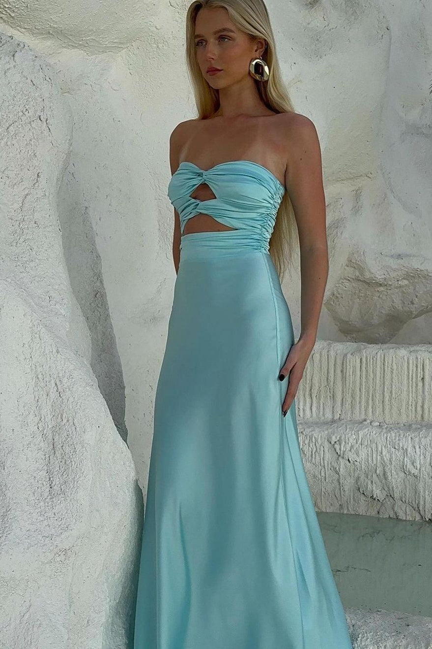 Sheath Strapless Keyhole Aqua Blue Silk Satin Long Prom Dresses
