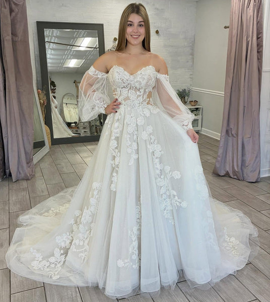 Long Sleeves Beach Bride Wedding Gowns A Line Lace Appliquedd Wedding Dress