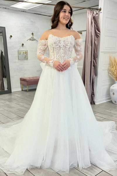 A Line Boho Wedding Dresses Tulle Lace Appliqued Long Sleeves Bridal Wedding Gown