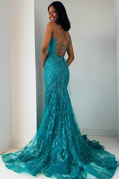 Chic Mermaid Scoop Neck Turquoise Lace Long Prom Dresses
