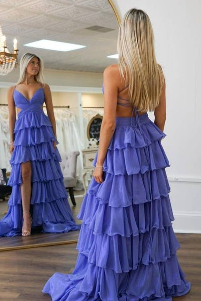 Fairy A Line V-Neck Ruffle Tiered Chiffon Prom Dresses with Slit