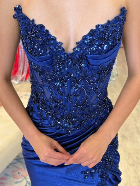 Mermaid Satin Sequin Beaded Prom Dresses Long Sexy V Neck Party Gowns with Slit
