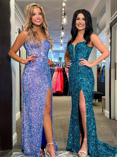 Sparkly Sheath Spaghetti Straps Sequins Long Prom Dresses With Split