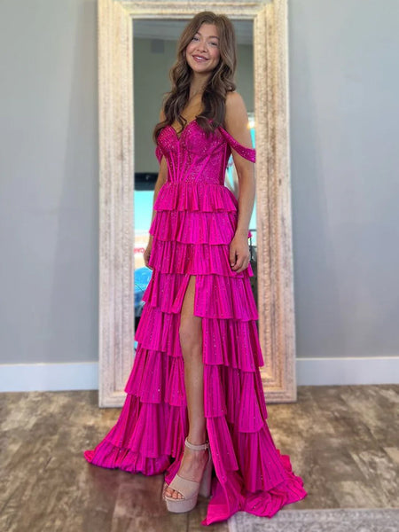 Fashion A Line Off the Shoulder Black Satin Tiered Slit Prom Dresses with Beads
