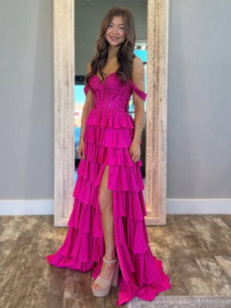 Fashion A Line Off the Shoulder Black Satin Tiered Slit Prom Dresses with Beads
