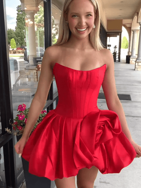 Red Strapless A Line Pleated Satin Homecoming Dresses With Flower