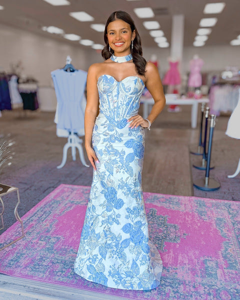 Mermaid Sweetheart Floral Print Prom Dresses Long Satin Corset Party Gowns