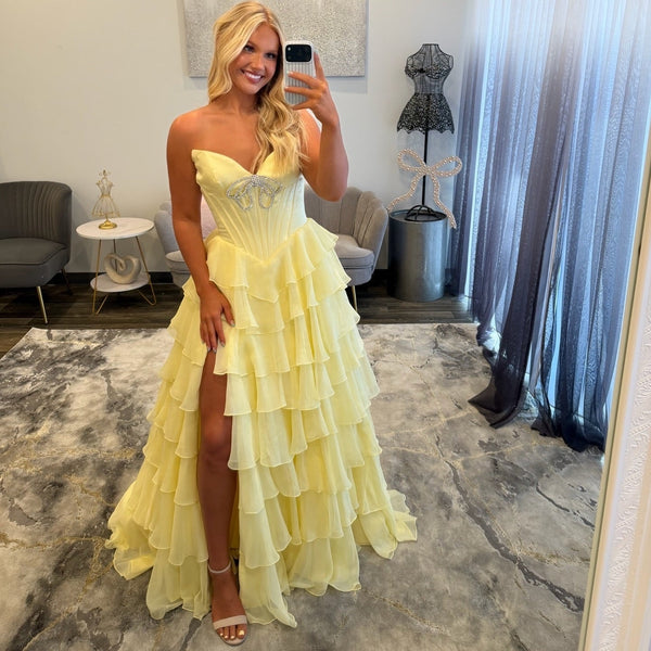 A Line Strapless Corset Chiffon Tiered Crystal Long Prom Dresses with Slit