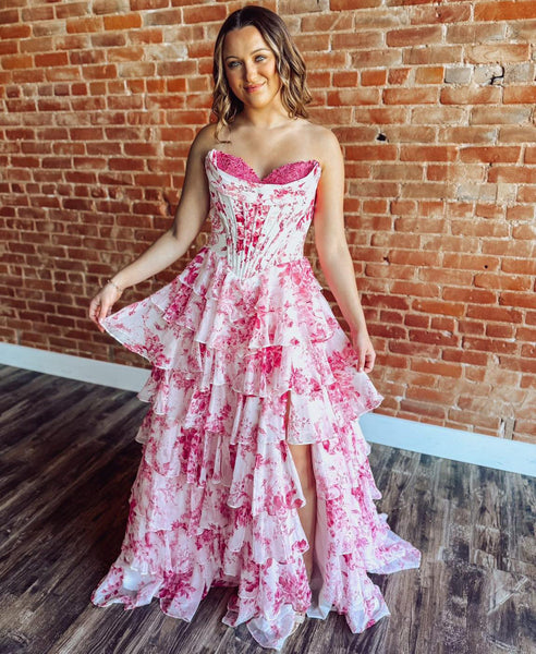 Women's Sweetheart Corset Chiffon Floral Print A Line Long Prom Dresses with Slit