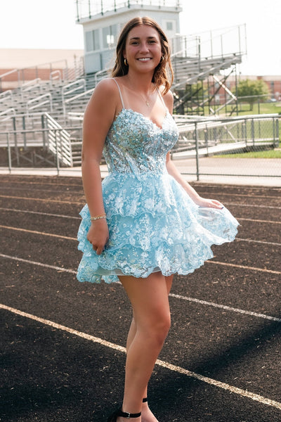 Straps Lavender Sequin Ruffle Short Dress