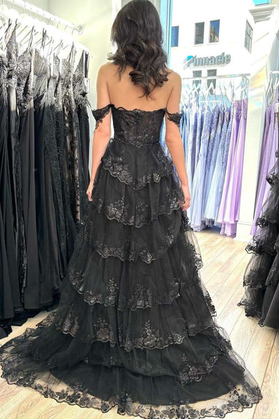 Cute A Line Off the Shoulder Black Tulle Lace Appliques Tiered Prom Dresses