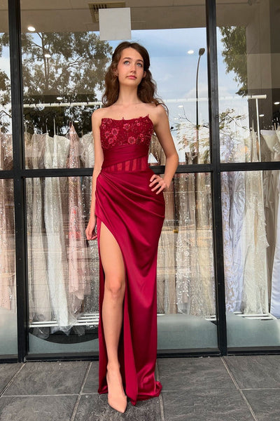 Cute Mermaid Scoop Neck Dark Red Satin Slit Prom Dress with Appliques