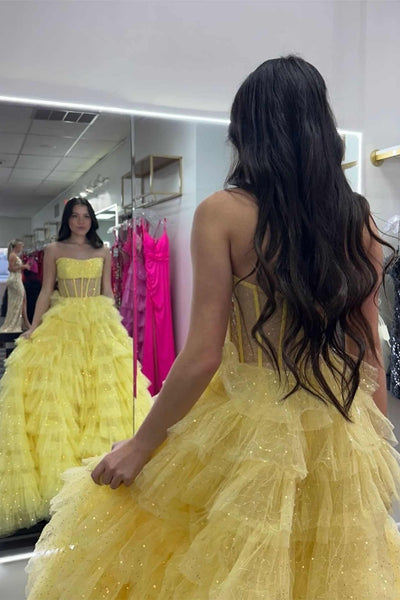 Cute A Line Strapless Glitter Tulle Long Prom Dresses