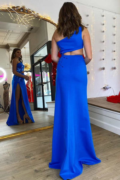 Cute Mermaid One Shoulder Royal Blue Long Prom Dresses with Beading