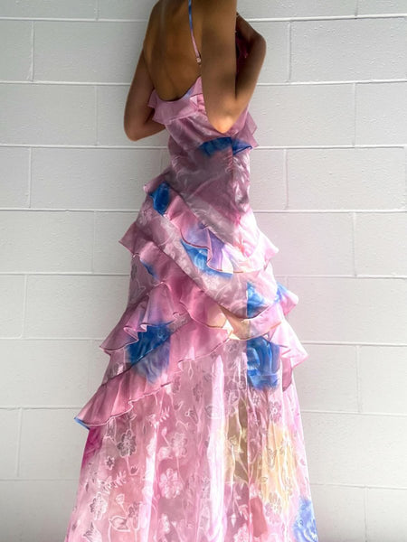 Yellow Spaghetti Straps Mermaid Long Prom Dress with Ruffles