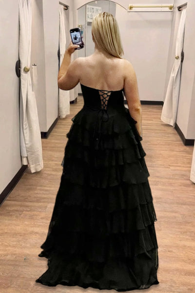 Black - Sweetheart A Line Chiffon Ruffled Formal Prom Dresses With Beading