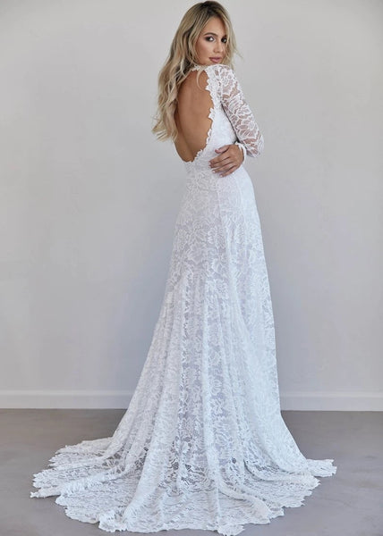 Alluring A-Line V Neck Long Sleeve Lace Wedding Dresses Bridal Gown with Train VK0105030