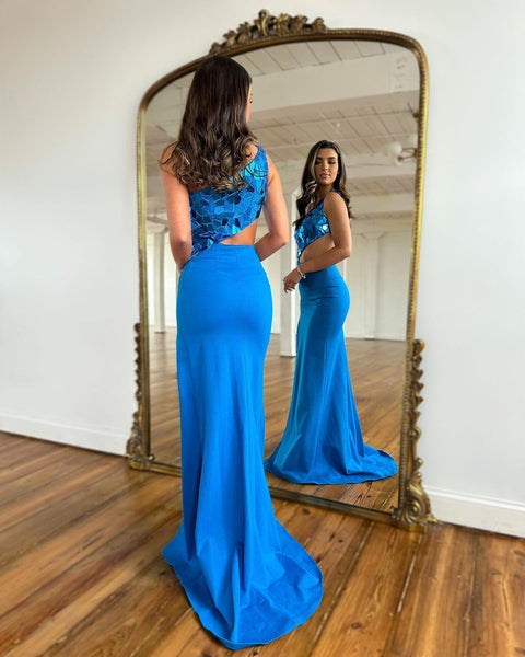 Cute Mermaid One Shoulder Royal Blue Satin Long Prom Dresses with Beading VK23022501