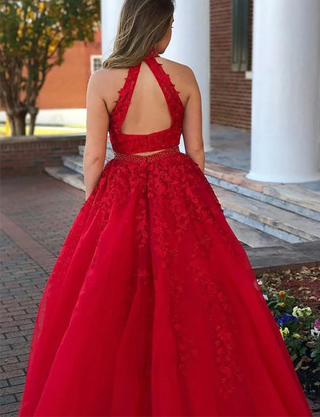 Two Piece Halter Red Prom Dress with Beading VK21027002