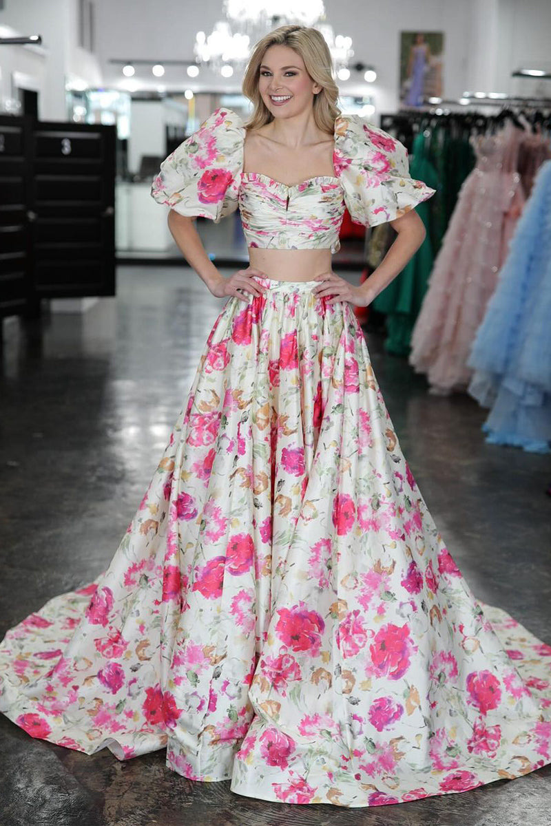 Cute A Line Two Piece Ruffled Sleeves Floral Printed Satin Long Prom Dress VK24021906