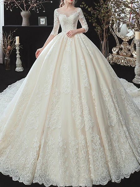 Free Shipping Ball Gown Wedding Dresses 3/4 Sleeve Lace Bridal Gown VK0502001