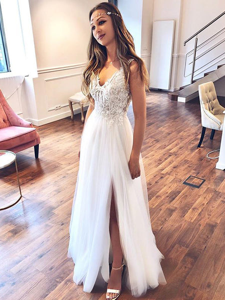 Beautiful A-Line V Neck White Tulle Lace Beach Boho Wedding Dresses with Slit VK0501005