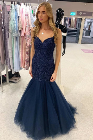 Mermaid Dark Navy Lace Applique Long Tulle Prom Dress Charming Evening Dress VK0305004