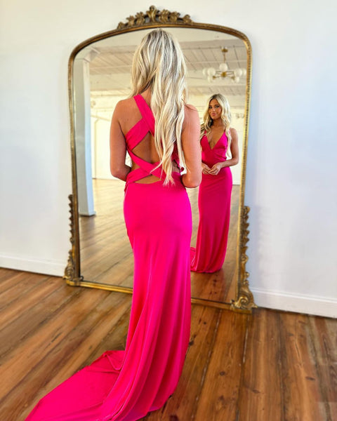 Elegant Mermaid V Neck Elastic Satin Long Prom Dresses VK23011804