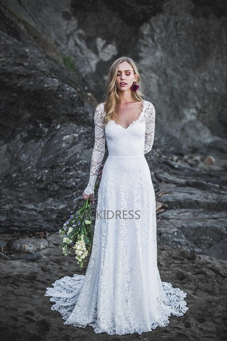 Alluring A-Line V Neck Long Sleeve Lace Wedding Dresses Bridal Gown with Train VK0105030