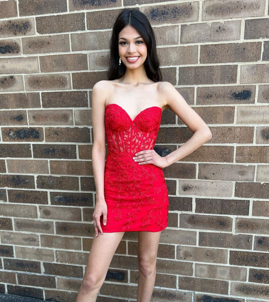 Cute Bodycon Sweetheart Red Lace Short Homecoming Dress VK23061403