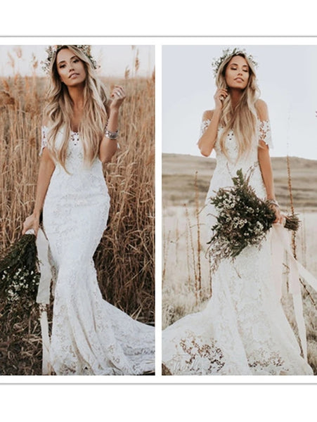 Exquisite Mermaid Round Neck Short Sleeves Lace Wedding Dresses with Train VK0105013