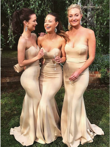 Fancy Sweetheart Mermaid Champagne Sweep Train Bridesmaid Party Dress VK0101033