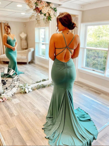 Charming Green v neck mermaid long prom dress, green evening dress VK220302002